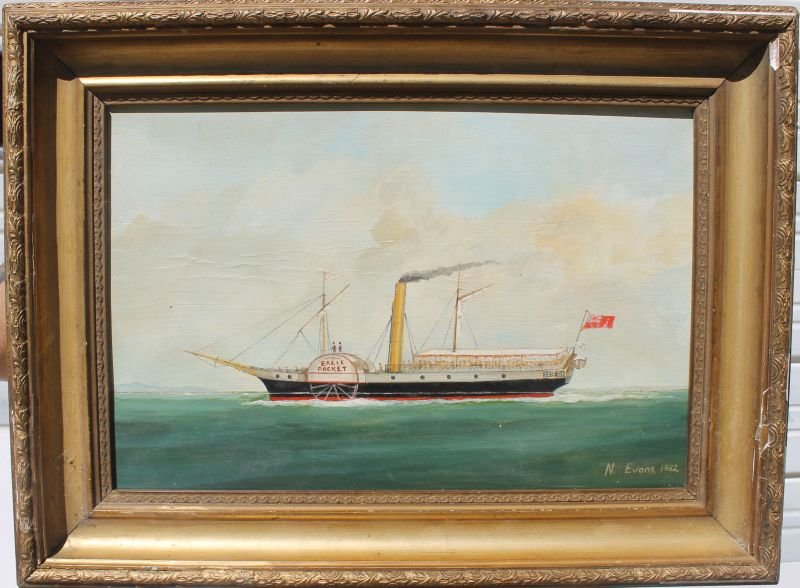 N. Evans 10 1/2" x 16" o/panel of a British sidewheeler: N. Evans 10 1/2" x 16" o/panel of a British sidewheeler steam ship w many passengers on board dated 1882 in vintage carved & gilded frame