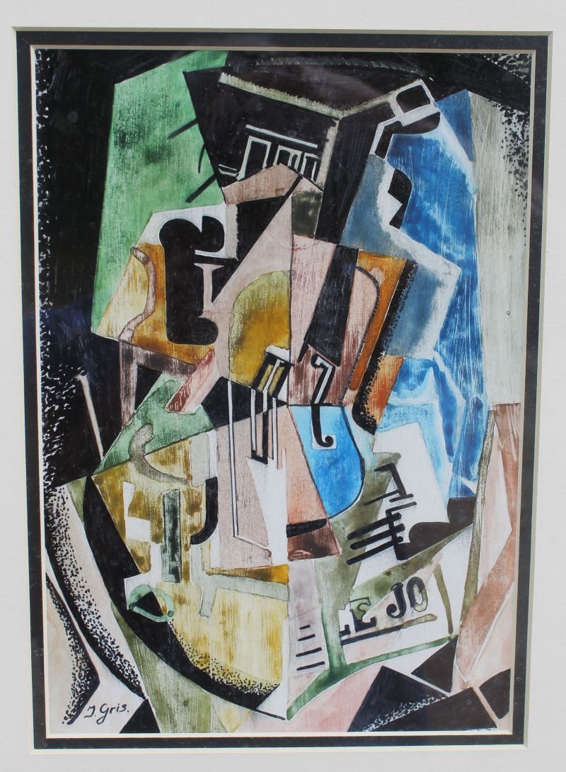 Juan Gris (1887-1927) 11"x7 3/4" (sight size) mixed: Juan Gris (1887-1927) 11"x7 3/4" (sight size) mixed media (gouache/wc/pen & ink) abstract Cubism musical motif - private collection
