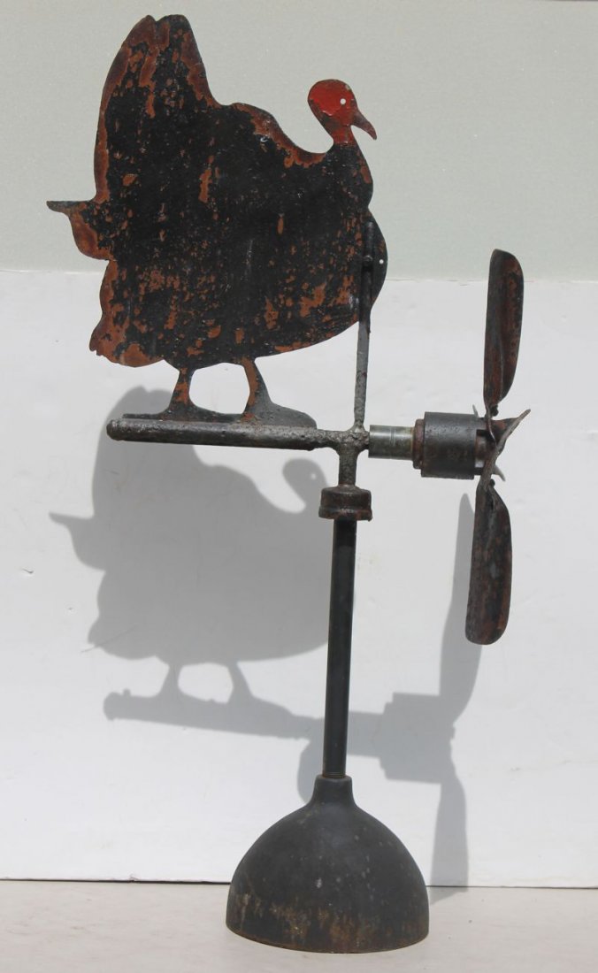 ca 1920's sheet iron turkey combination: ca 1920's sheet iron turkey combination weathervane/whirligig from a Cheshire, CT turkey farm - 22" long x 40" tall Note: the whirligig portion is a Model T fan