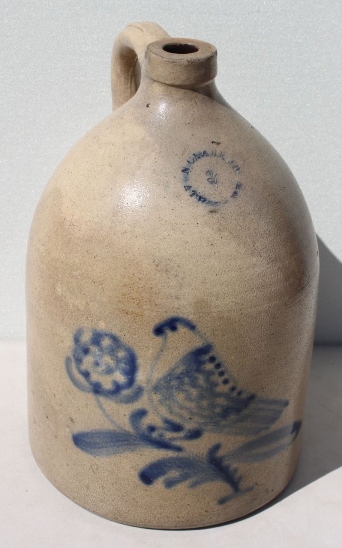 N. Clark Jr. Athens, NY 3 gallon 19thC stoneware jug w: N. Clark Jr. Athens, NY 3 gallon 19thC stoneware jug w cobalt bird on branch w flower decoration - 15 1/2" tall
