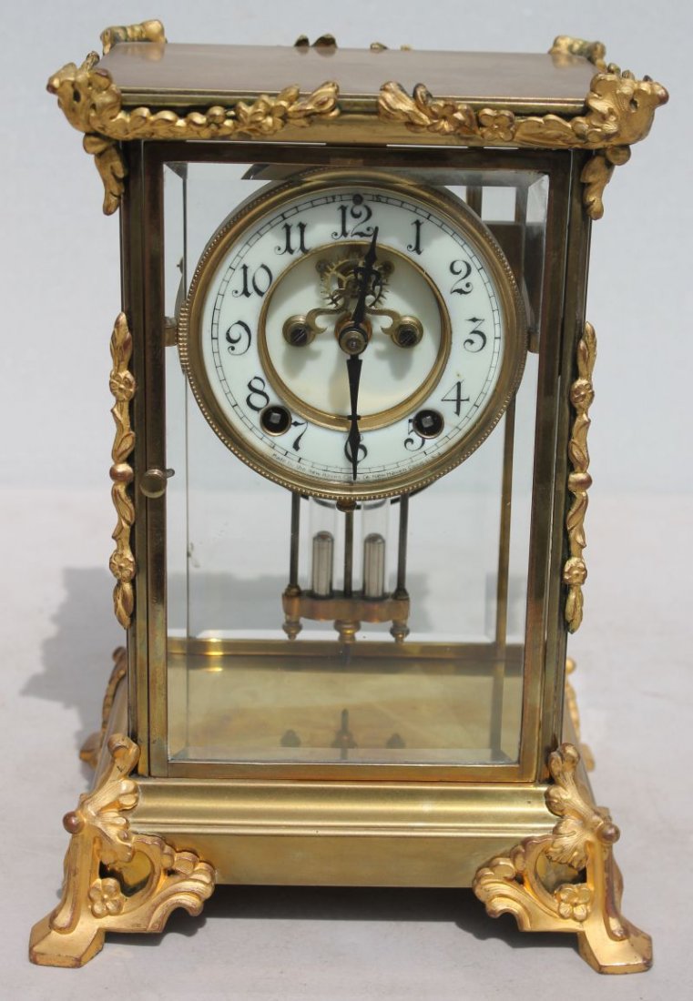 Fine antique large New Haven brass & beveled glass: Fine antique large New Haven brass & beveled glass carriage clock - 11 3/4" tall