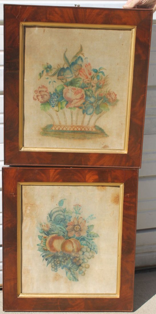 very good pr of ca 1830's theorems on linsey woolsey -: very good pr of ca 1830's theorems on linsey woolsey - 1 fruit & 1 floral - in fine antique crotched mahog frames w gold liners - overall framed size 22 1/4" x 19 3/4"