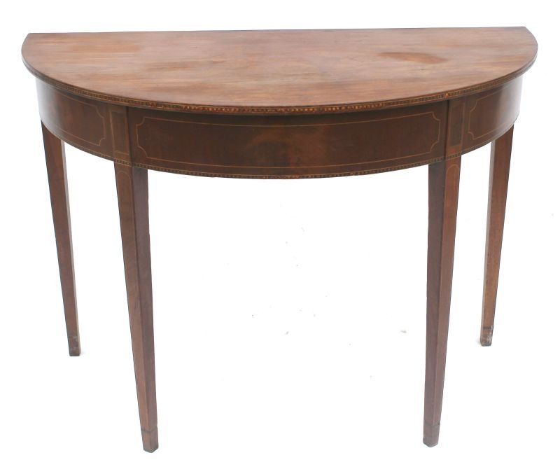 period Hepplewhite ca 1795 mahog & exotic wood inlaid: period Hepplewhite ca 1795 mahog & exotic wood inlaid NYC demi-lune serving/console table - 39" wide