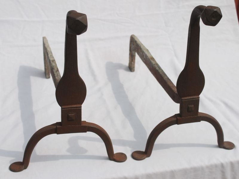 Great pr of ca 1770 wonderfully constructed gooseneck: Great pr of ca 1770 wonderfully constructed gooseneck iron andirons - 14" tall