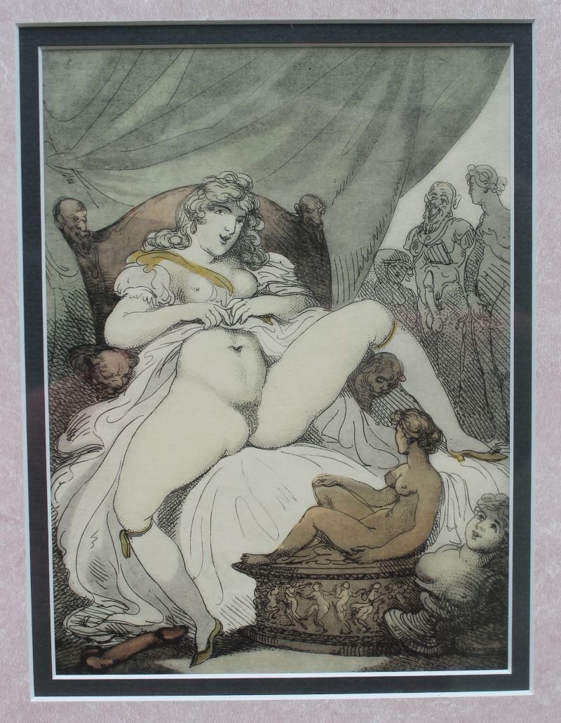 2 Thomas Rowlandson (1756-1827) highly collectible hand: 2 Thomas Rowlandson (1756-1827) highly collectible hand colored erotic etchings in matching frames & mattes - 7 1/2" x 5 1/2" image sight size