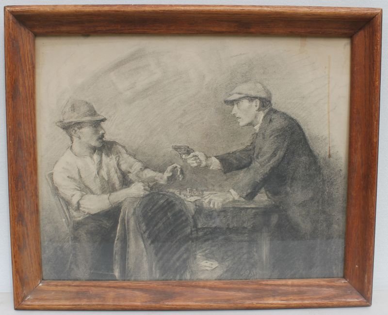 ca 1920's (Gangster era) 16"x20" charcoal illustration: ca 1920's (Gangster era) 16"x20" charcoal illustration of a card game argument w a man pulling a gun on another man