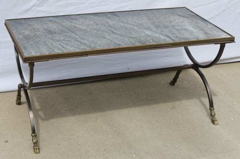 fine quality "Hollywood Regency" mirror top coffee: fine quality "Hollywood Regency" mirror top coffee table in brass & bronze w hoof feet - mid 20thC - 36"x18" top x 17" tall