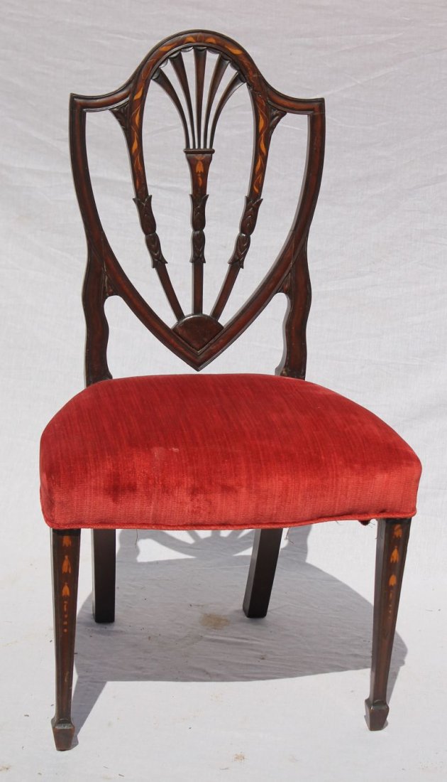 fine period Hepplewhite mahogany shield back spade ft: fine period Hepplewhite mahogany shield back spade ft sidechair w wonderful carved & satinwood inlaid splat & legs featuring bellflowers, leaves & vines, etc - 39" tall