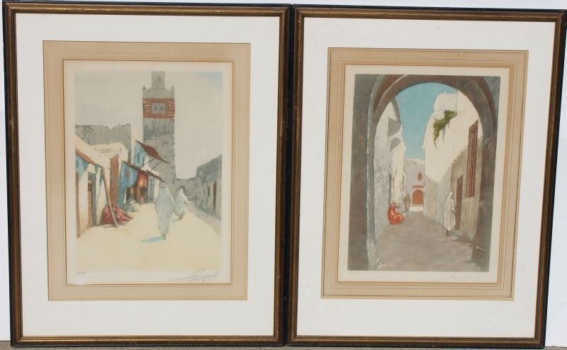 pr of sgnd George P. Guinegault ltd edition aquatints: pr of sgnd George Pierre Guinegault (1893 - ) & numbered #73/350 & #139/350 ltd edition Arabian scene aquatints - sight size is 14 1/4" x 11 1/2"