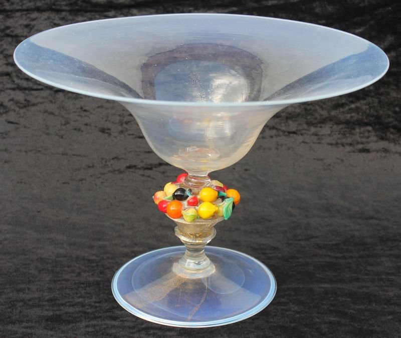 fine Murano glass opalescent compote w gold threading &: fine Murano glass opalescent compote w gold threading & applied colorful fruit - 11 3/4" diam x 8 3/4" tall