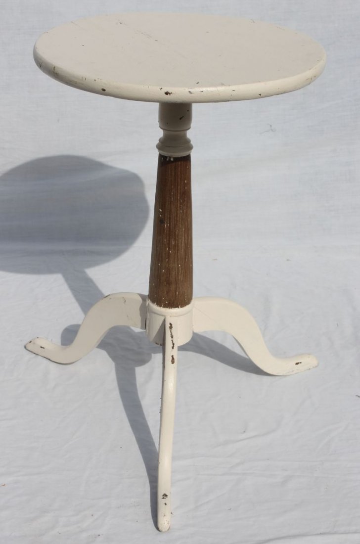 QA period rare Newport, RI cherry snake foot candlestan: QA period rare Newport, RI cherry snake foot candlestand featuring cannon barrel shaft in white overpainted surface - 17 1/2" diam top -note: distinctive Newport notched cleat & partially stripped sha