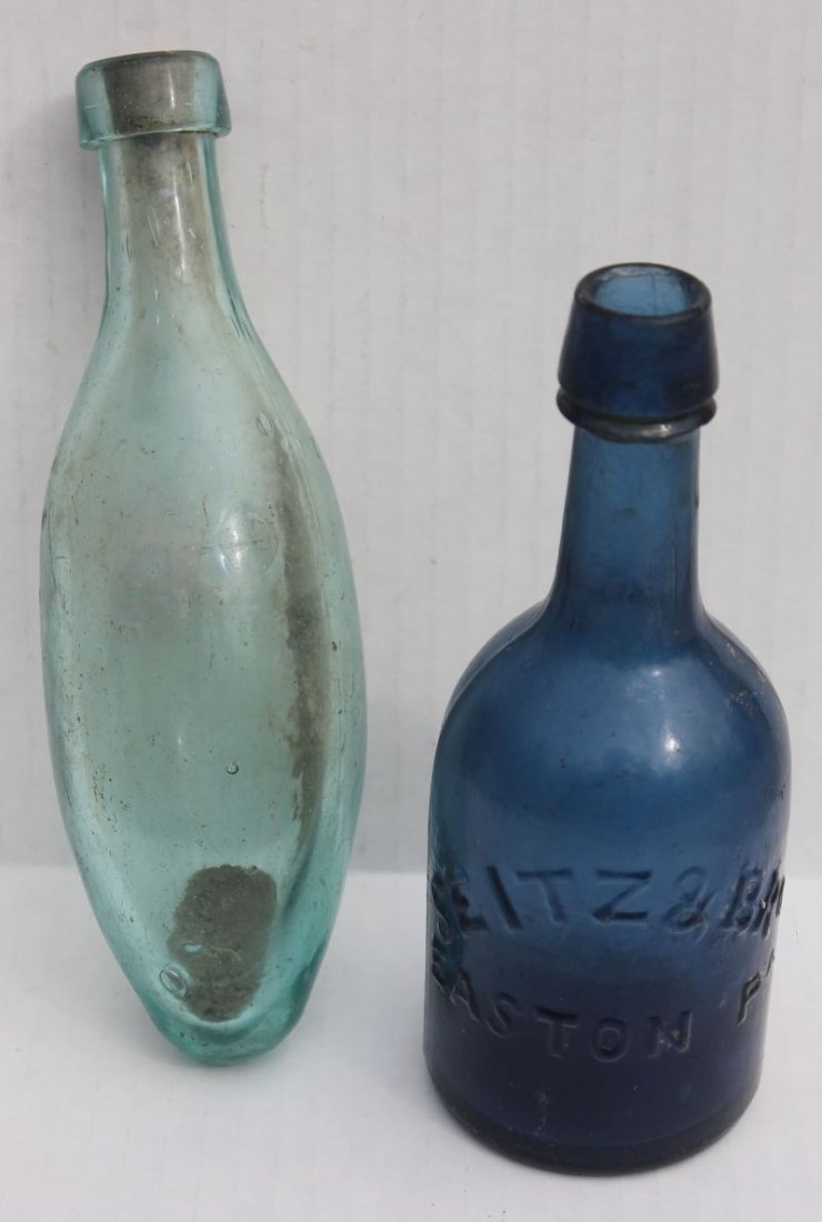 lot of 2 antique bottles - 1 in cobalt blue plus a teal: lot of 2 antique bottles - 1 in cobalt blue plus a teal green torpedo form -