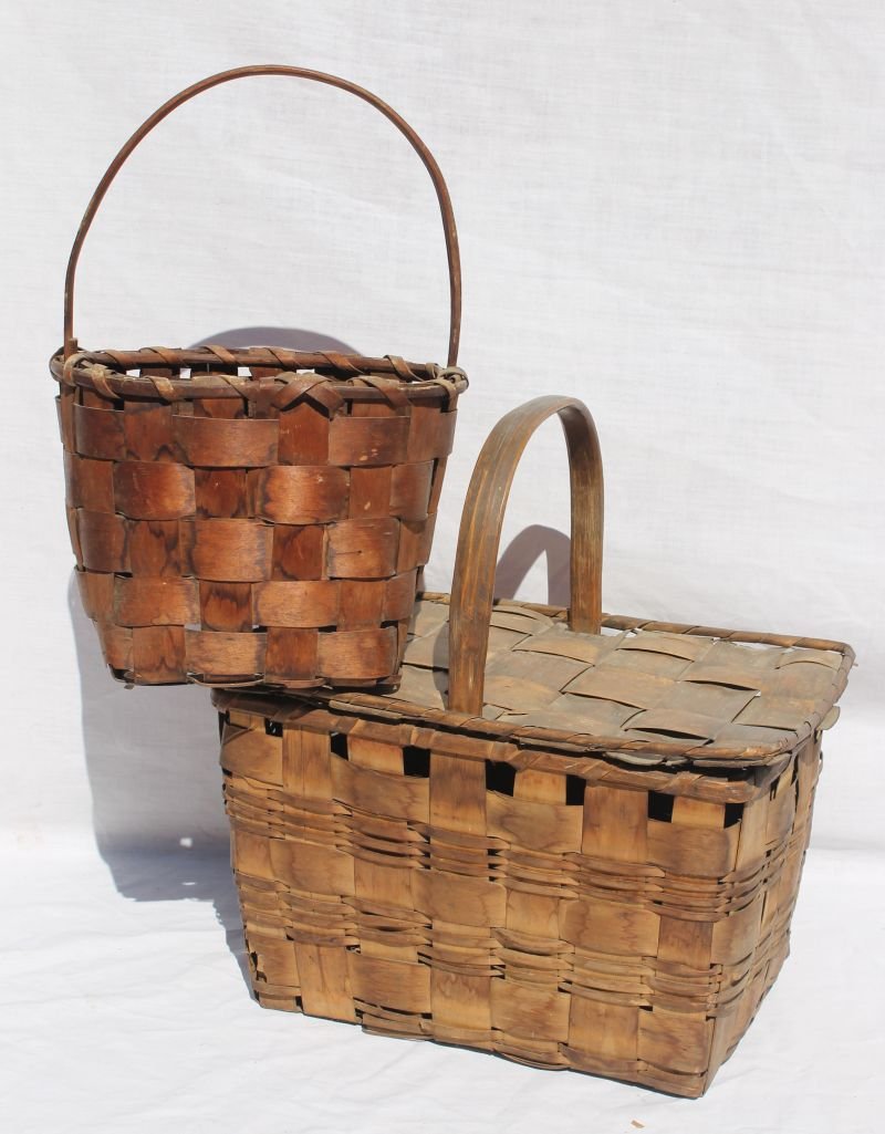 lot of 2 third Q 19thC gathering baskets - both probabl: lot of 2 third Q 19thC gathering baskets - both probably Northeast Native American - 13"x9"x13" tall covered handled basket - 9" diam x 12" tall (w handle)