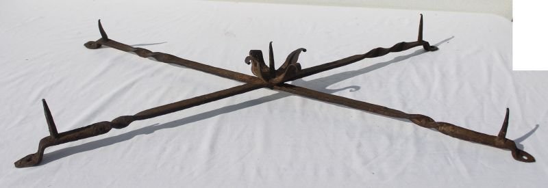 very early & unusual (ca 17thC or possibly older) wroug: very early & unusual (ca 17thC or possibly older) wrought iron altar type mounted adjustable 5 point pricket stick - 32" long