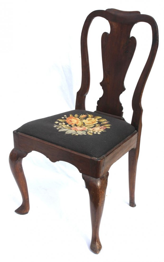 period QA 18thC walnut Eastern MA slipper ft sidechair : period QA 18thC walnut Eastern MA slipper ft sidechair w "parrot back" splat & needlepoint seat