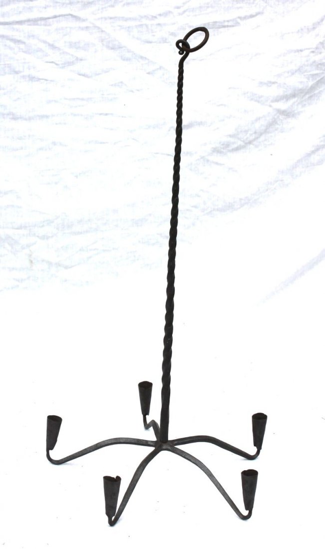 18thC American rare & wonderful form 5 arm forged iron : 18thC American rare & wonderful form 5 arm forged iron chandelier featuring long spiral twisted tapered shaft, orig ring hook & rolled candle sockets in early stove black finish & untouched condition 