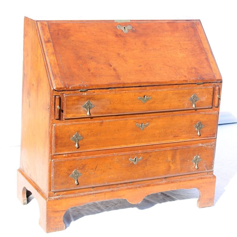 fine ca 1730 William & Mary period extremely rare youth: fine ca 1730 William & Mary period extremely rare youth size slant lid 3 drawer maple desk in old surface color and orig escutcheons - 34 14" wide x 35 1/2" tall x 16 1/2" deep