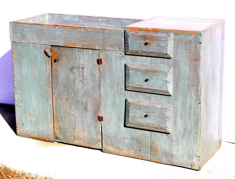 ca 1820 New England pine dry sink in rare old blue pain: ca 1820 New England pine dry sink in rare old blue paint - 51 3/4" long x 18" deep x 33" tall