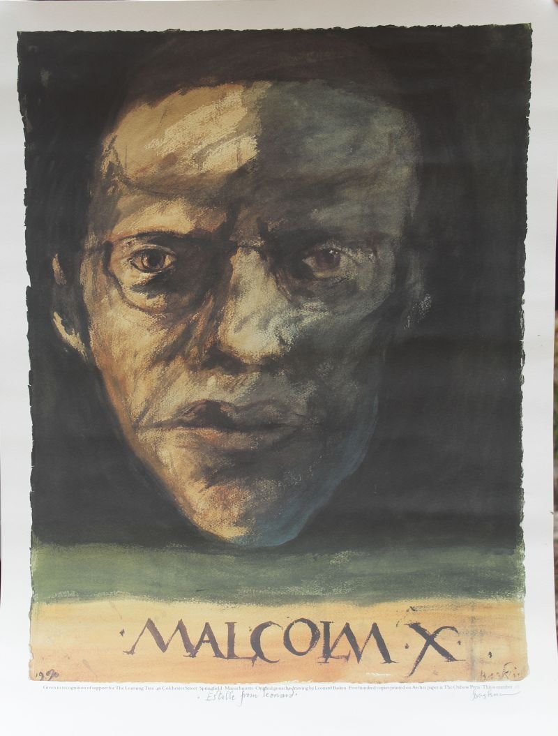 pencil sgnd Leonard Baskin (1922-2000) poster of "Malco: pencil sgnd Leonard Baskin (1922-2000) poster of "Malcolm X" personalized "Estelle from Leonard" - 28"x20 1/2"