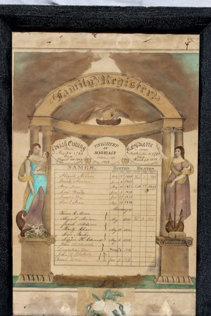 19thC hand colored family register starting w the marri: 19thC hand colored family register starting w the marriage of Josiah Cutting (1788-1847) & Mary Moore (1795-1845) in 1818 - has an additional needlepoint section floating on the bottom - overall frame