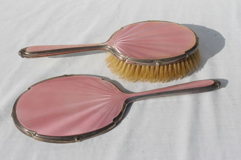 sterling silver & enameled 2 pc brush & mirror set: ca 1930's sterling silver & enameled 2 pc brush & mirror set - featuring pink guilloche enammeling - English hallmarked - 11" long