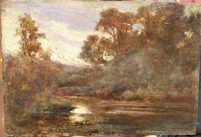 sgnd ? 7"x10 1/2" o/oak panel extremely fine quality: sgnd ? 7"x10 1/2" o/oak panel extremely fine quality 19thC French Barbizon landscape - note: man in boat fishing