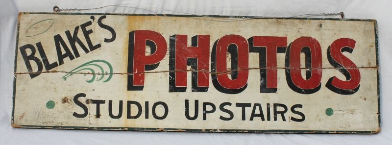 antique 2 sided "Blake's Photos - Studio Upstairs": antique 2 sided "Blake's Photos - Studio Upstairs" wooden carved & orig painted trade sign - 12" x 37"