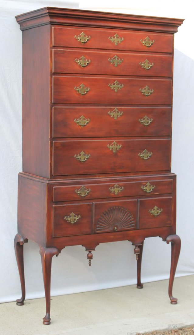 Great QA period ca 1755-1775 Salem, MA fan carved high: Great QA period ca 1755-1775 Salem, MA fan carved high chest (highboy) in desirable red painted surface - 76 1/2" tall x 36" upper case width & 38 1/2" lower case width