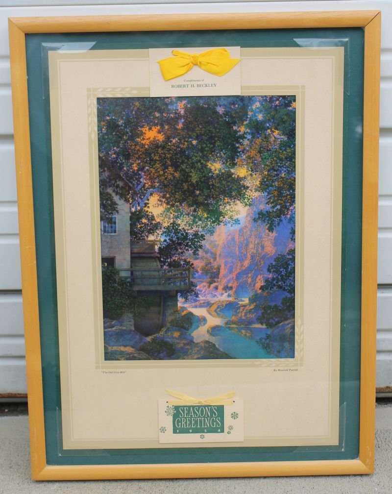 Beautiful Maxfield Parrish print "The Old Glen Mill" -: Beautiful Maxfield Parrish print "The Old Glen Mill" - nicely framed & matted w 1954 Christmas gift presentation packaging - 19" x 12 1/2" sight size