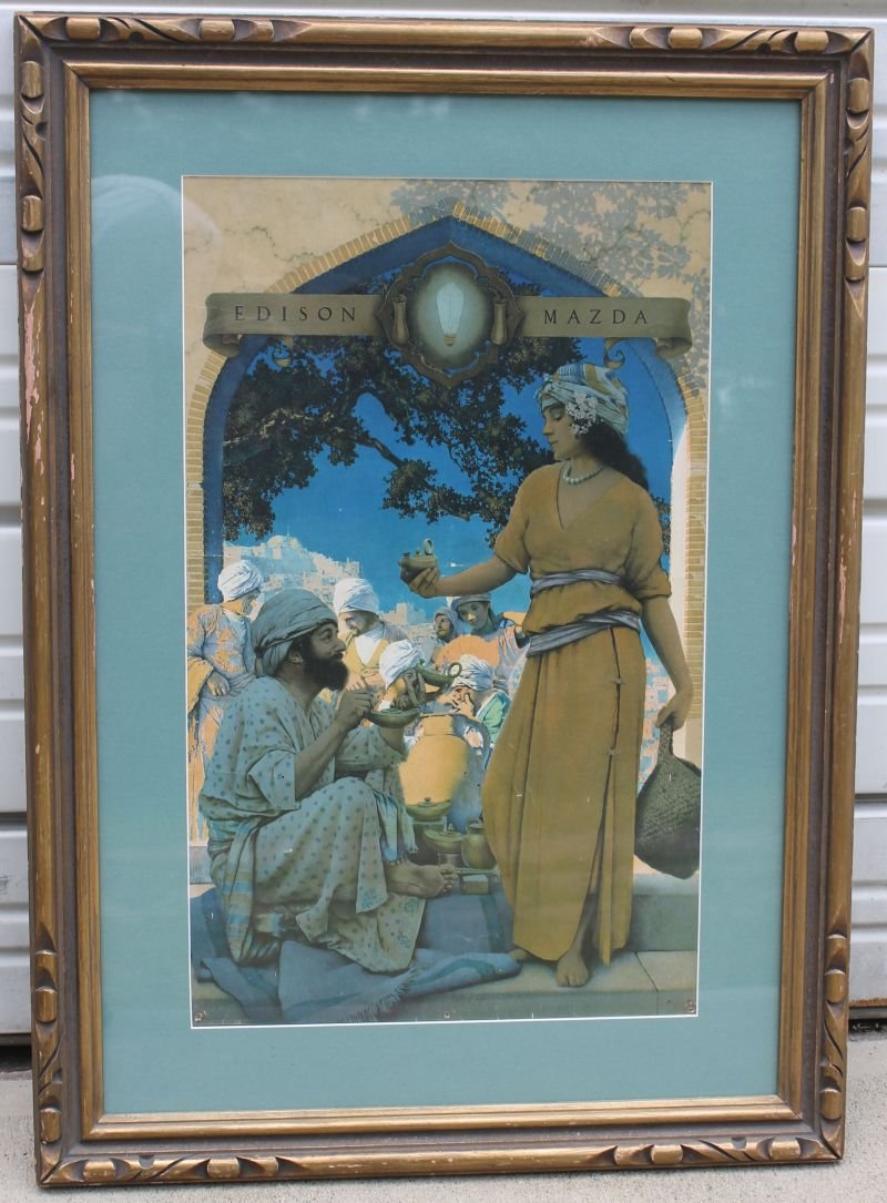 large vibrantly colored Maxfield Parrish print "The: large vibrantly colored Maxfield Parrish print "The Lamplighter of Baghdad" nicely framed & matted - 23 3/4" x 14 1/2"