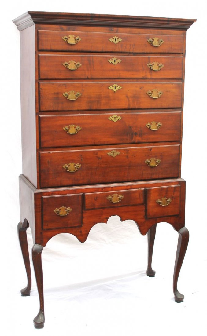 period QA dated 1761 (on the back) MA maple highboy in: period QA dated 1761 (on the back) MA maple highboy in desirable height & proportion - unmarried w no lip damage (rare) - 69" tall x 35 1/4" upper case width x 36 3/4" lower case width