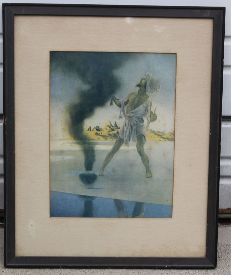 lot of 2 Maxfield Parrish prints - "The History of the: lot of 2 Maxfield Parrish prints - "The History of the Fisherman & the Genie" ca 1906 w orig label on verso & "Cadmus Sowing the Dragon's Teeth" ca 1909 - both probably in orig frames - 10 3/4" x 8 1/