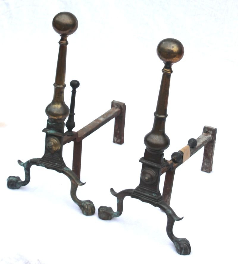 very fine pr of period Chippendale brass ball top: very fine pr of period Chippendale brass ball top andirons featuring fine detail incl ball & talon feet - 21" tall