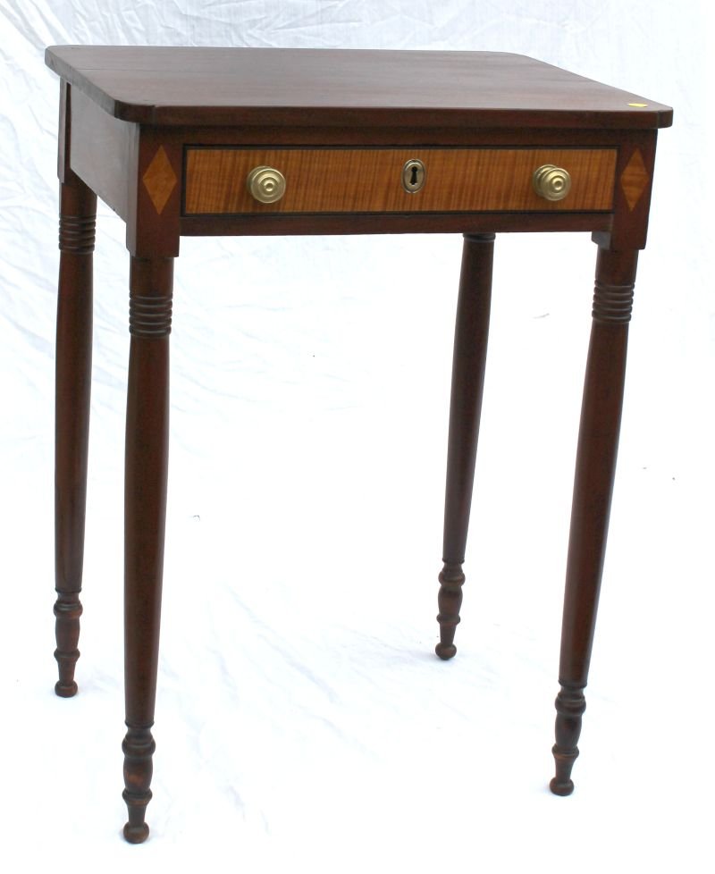 Fine period Sheraton ca 1810 mahogany 1 drawer stand w: Fine period Sheraton ca 1810 mahogany 1 drawer stand w tiger maple drawer front & satinwood diamond inlays - 22 1/4" x 16 3/4" top x 30" tall