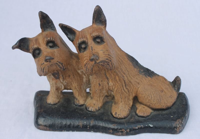 antique cast iron doorstop "Listen" featuring 2: antique cast iron doorstop "Listen" featuring 2 Scottish Terriers - 6" x 8 3/4" - pictured in "Figurative Cast Iron" book