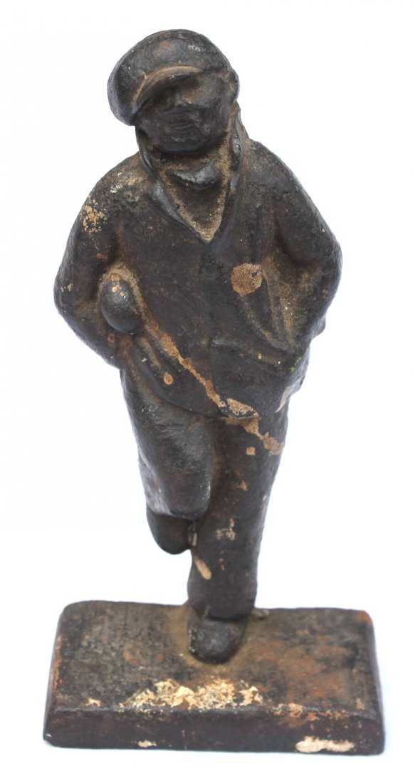 antique cast iron doorstop gentleman w hat & 1 leg bent: antique cast iron doorstop gentleman w hat & 1 leg bent as if leaning against a wall - 7 3/4" tall