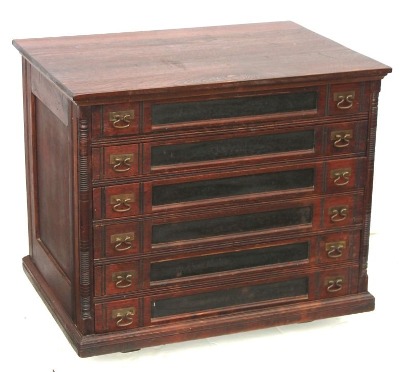 late 19thC cherry 6 drawer spool cabinet attrib to J.P.: late 19thC cherry 6 drawer spool cabinet attrib to J.P. Coates - 24 1/2" wide x 21 1/2" tall