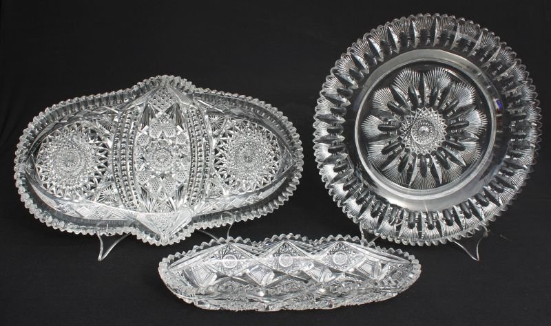 Fine 3 pc antique American cut glass lot incl 12" round: Fine 3 pc antique American cut glass lot incl 12" round platter, 13 1/2" ice cream dish & a 12" celery boat