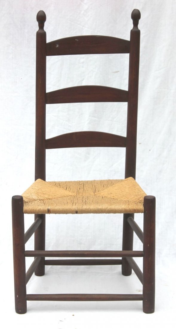 19thC Mt. Lebanon Shaker ladderback community chair in: 19thC Mt. Lebanon Shaker ladderback community chair in old red paint & rush seat - 38 1/4" tall