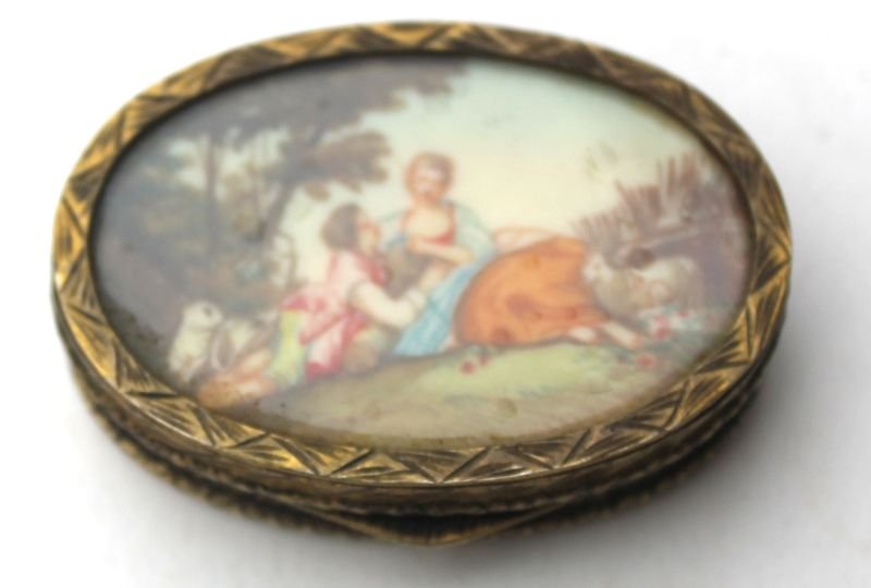 19thC probably Dutch .800 silver gold gilded surface: 19thC probably Dutch .800 silver gold gilded surface pill box w oval painted on ivory bucolic scenic lid - 2" wide