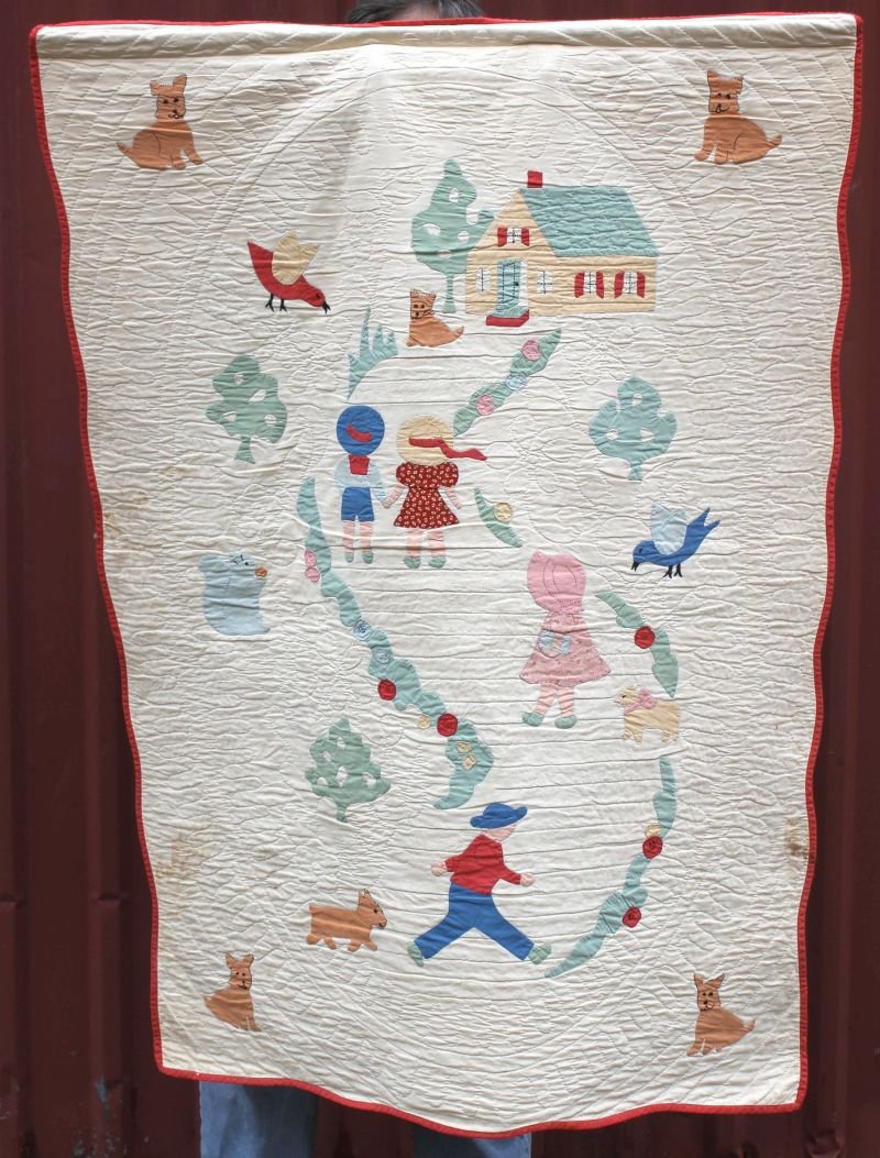 antique crib quilt w applique figures of children,: antique crib quilt w applique figures of children, animals, house, etc suitable for hanging in a nursery - 48" x 35"