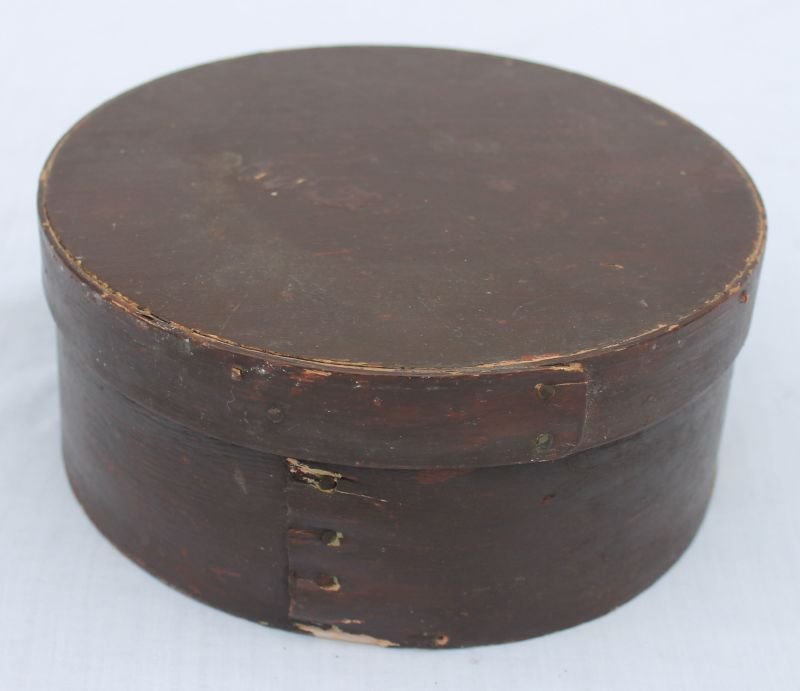 19thC orig red painted round pantry box - 6 3/4" diam: 19thC orig red painted round pantry box - 6 3/4" diam