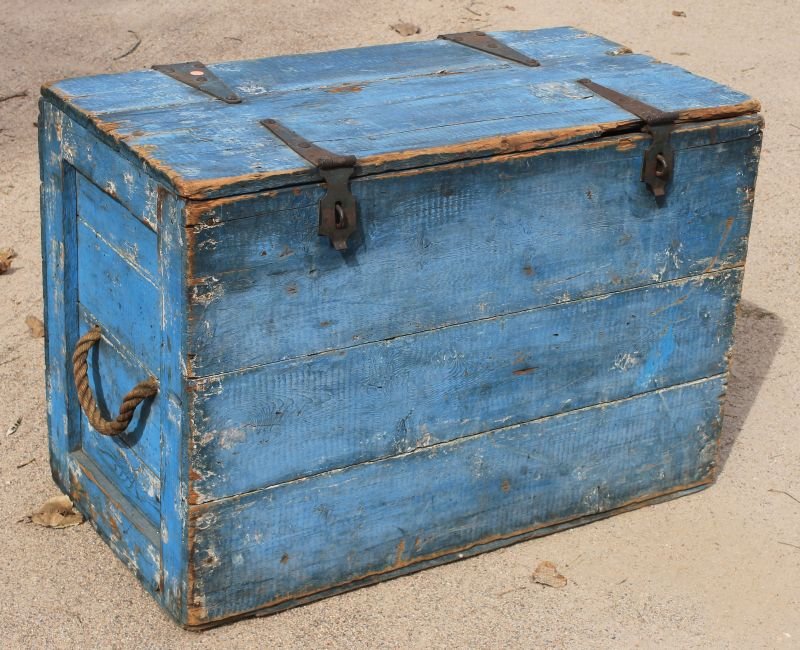 ca 1880 ship's box in old blue paint w rope handles &: ca 1880 ship's box in old blue paint w rope handles & large strap hinges
