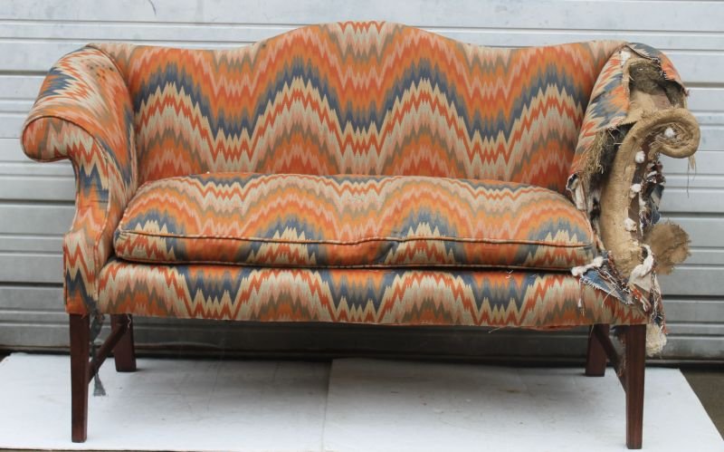 diminutive Hepplewhite ca 1790 carved mahog South: diminutive Hepplewhite ca 1790 carved mahog South Shore, MA camel back sofa - as found - 68" long