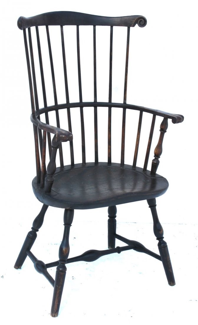 Truly outstanding ca 1760 Philadelphia Windsor comb: Truly outstanding ca 1760 Philadelphia Windsor comb back knuckle armchair in nice worn red/brown finish w volute carved ears & knuckles in maple, ash & pine (great form & orig structure) - 42 1/2" tal