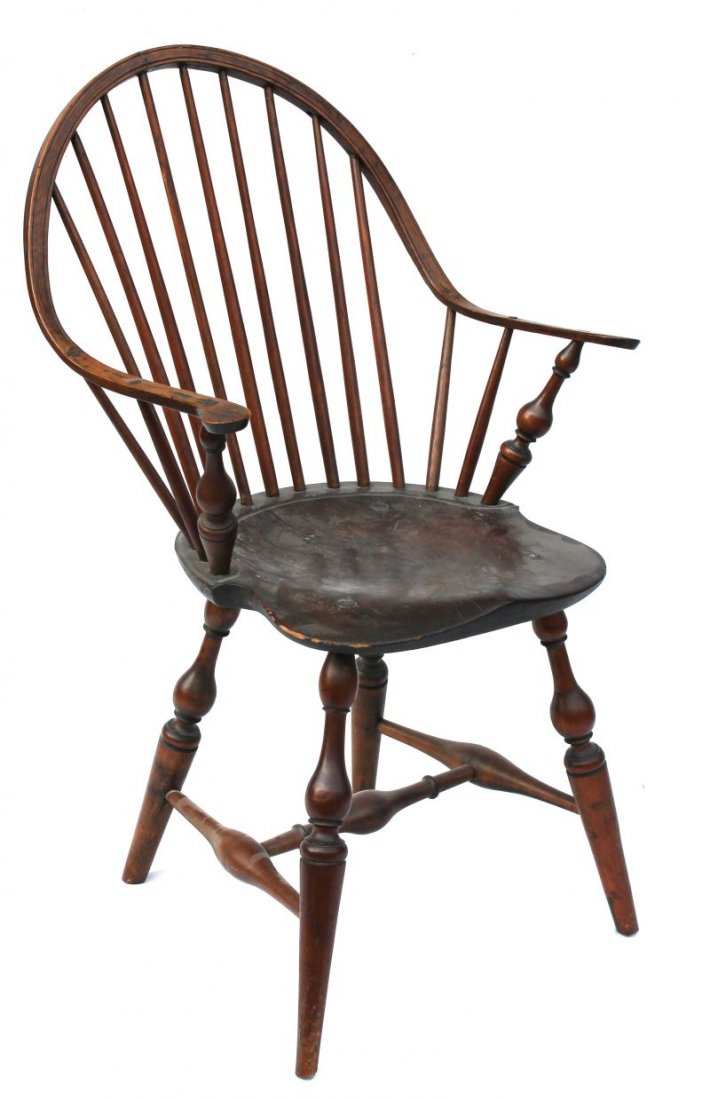 ca 1770's CT maple continuous arm Windsor w nicely: ca 1770's CT maple continuous arm Windsor w nicely shaped saddle seat & bulbous turnings - 36" tall x 17 3/4" seat height