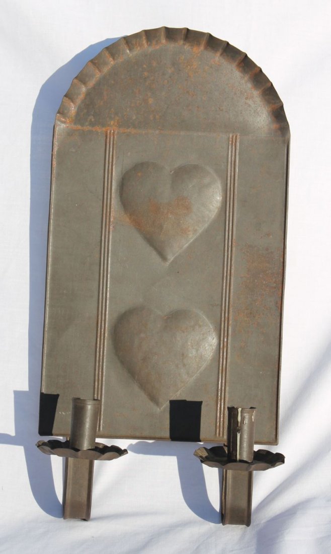 19thC tole double sconce w double heart molded dec &: 19thC tole double sconce w double heart molded dec & crimped top in untouched surface