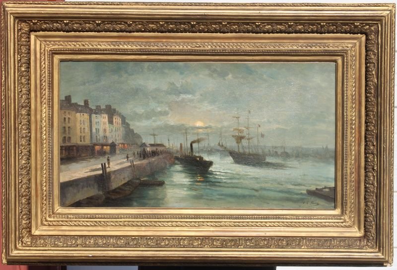 Elie Anatole Pavil (1873-1948) 13 3/4" x 25 1/2" o/c: Elie Anatole Pavil (1873-1948) 13 3/4" x 25 1/2" o/c French harbor scene "Accveil a Marseille" (Docking at Marseille) featuring boats, buildings & figures in a carved vintage frame