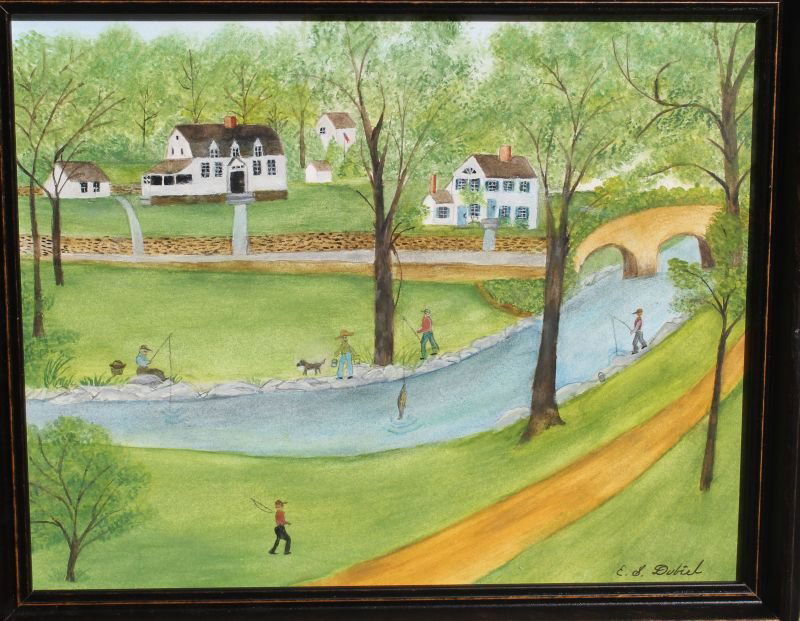 Evelyn S. Dubiel (b. 1922) 7 1/2" x 9 1/2" w/c "First: Evelyn S. Dubiel (b. 1922) 7 1/2" x 9 1/2" w/c "First Day of Fishing" - an actual scene along the banks of Eight Mile River in Lyme, CT - E.S. Dubiel is often referred to as America's foremost living