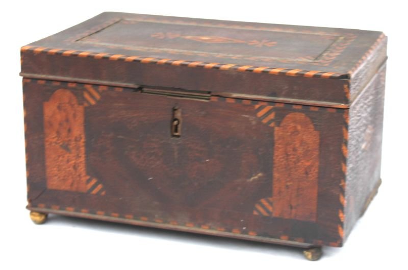 fabulous late 18th early 19thC mahogany box extensively: fabulous late 18th early 19thC mahogany box extensively inlaid w birdseye maple, satinwood & birch in rare orig cond & surface on brass ball feet - 6" tall x 10 1/2" wide x 6" deep